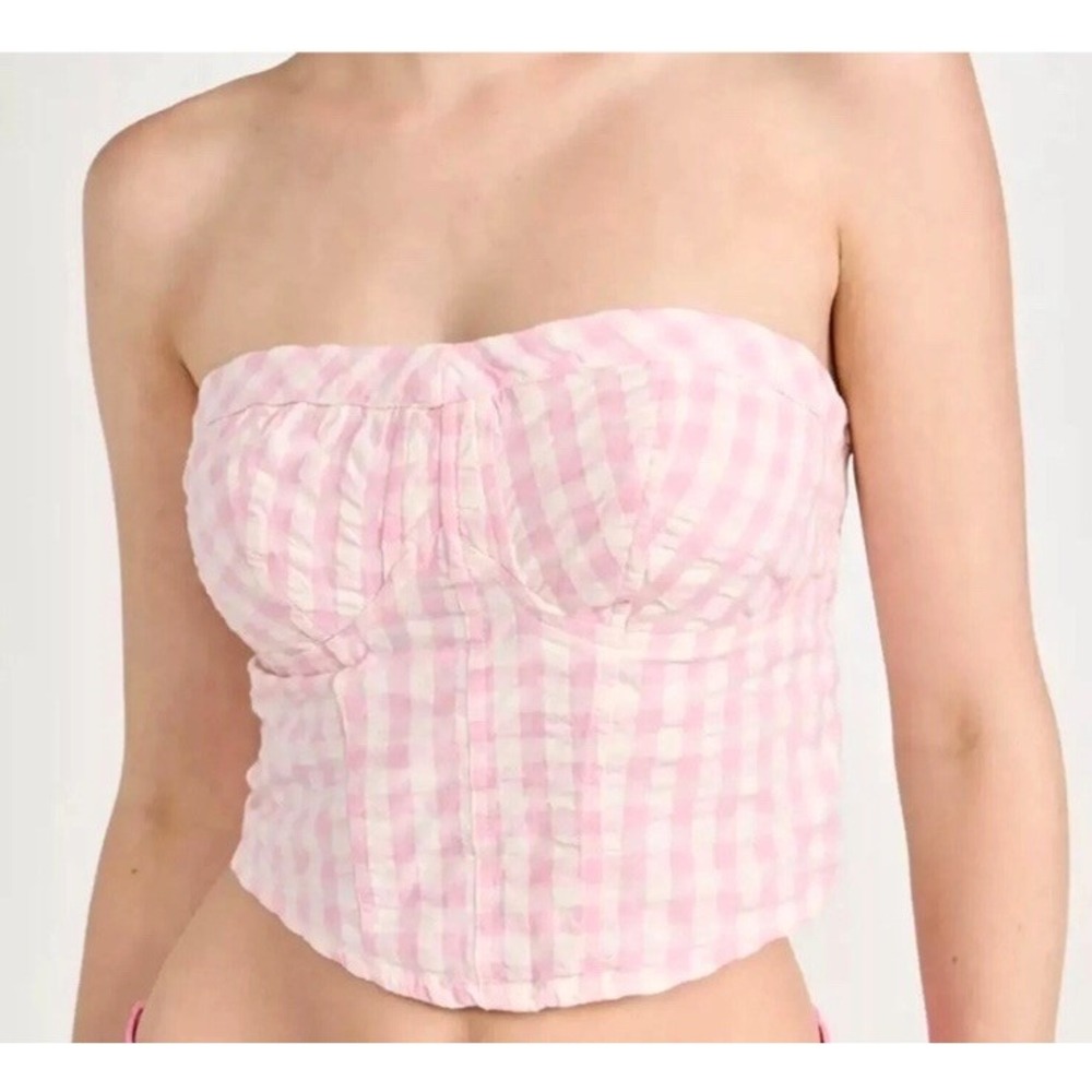Free‎ People Leilani Gingham Tube Top Women's Pink Plaid Smocked Back Cropped